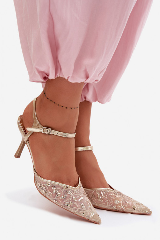 Tinklelis Moteriškos basutės su plonais kulniukaissusu blizgesiuującym Zdobieniem aukso spalvos Laria