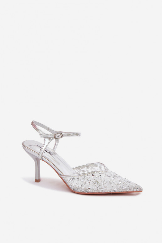 Tinklelis Moteriškos basutės su plonais kulniukaissusu blizgesiuującym Zdobieniem sidabro spalvos Laria