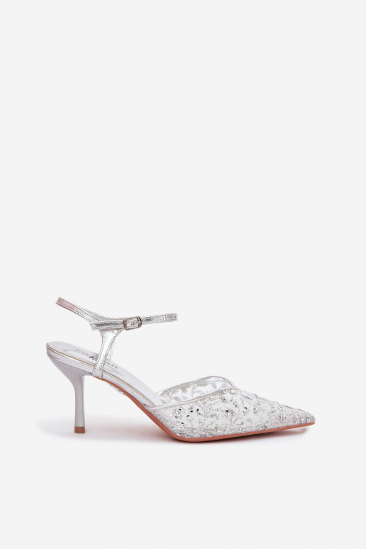 Tinklelis Moteriškos basutės su plonais kulniukaissusu blizgesiuującym Zdobieniem sidabro spalvos Laria