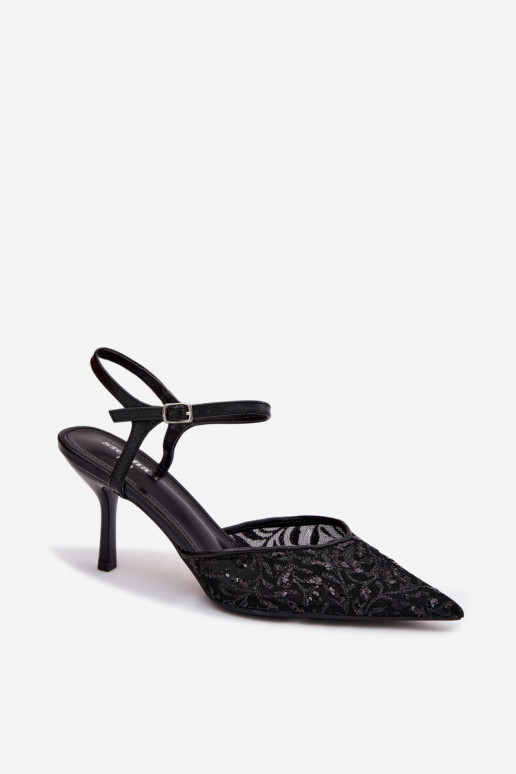 Tinklelis Moteriškos basutės su plonais kulniukaissusu blizgesiuującym Zdobieniem juodos spalvos Laria