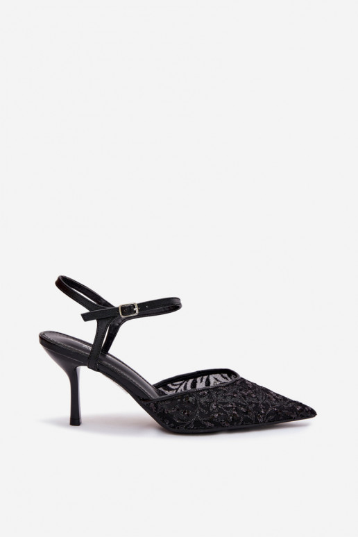 Tinklelis Moteriškos basutės su plonais kulniukaissusu blizgesiuującym Zdobieniem juodos spalvos Laria