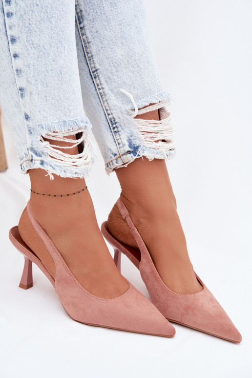 Moteriškos basutės su plonais kulniukaissuImitacji iš zomšosu rožinės spalvos Saria