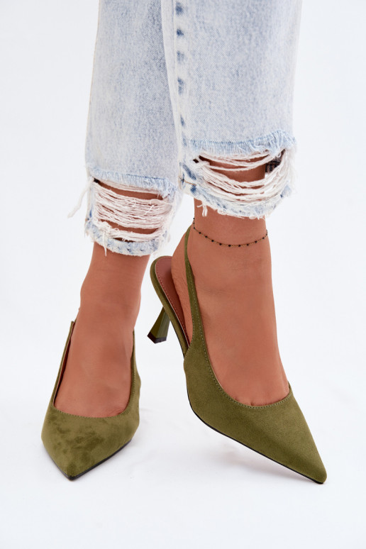 Moteriškos basutės su plonais kulniukaissuImitacji iš zomšosu žalios spalvos Saria