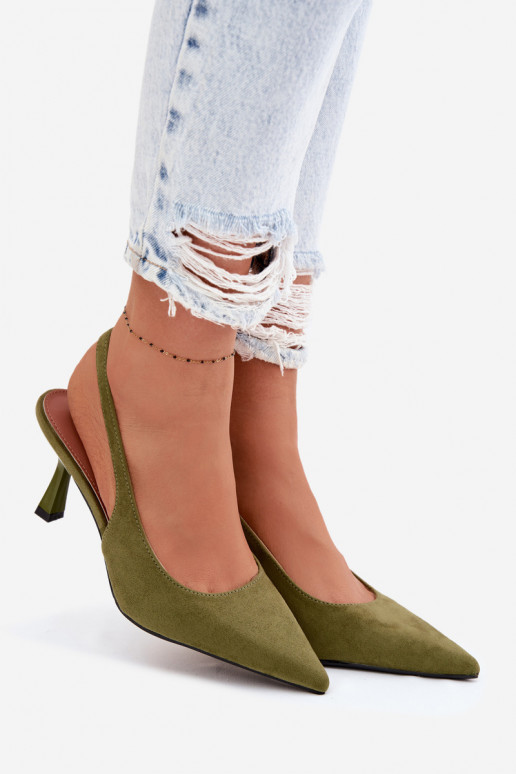 Moteriškos basutės su plonais kulniukaissuImitacji iš zomšosu žalios spalvos Saria