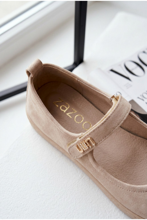 Odinės zomšinės balerinos Barefoot su dirželiais Zazoo 10206 smėlio spalvos