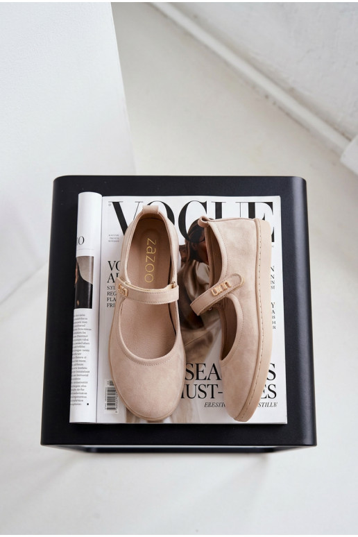 Odinės zomšinės balerinos Barefoot su dirželiais Zazoo 10206 smėlio spalvos