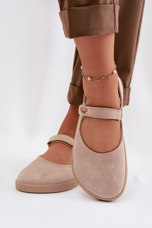 Odinės zomšinės balerinos Barefoot su dirželiais Zazoo 10206 smėlio spalvos