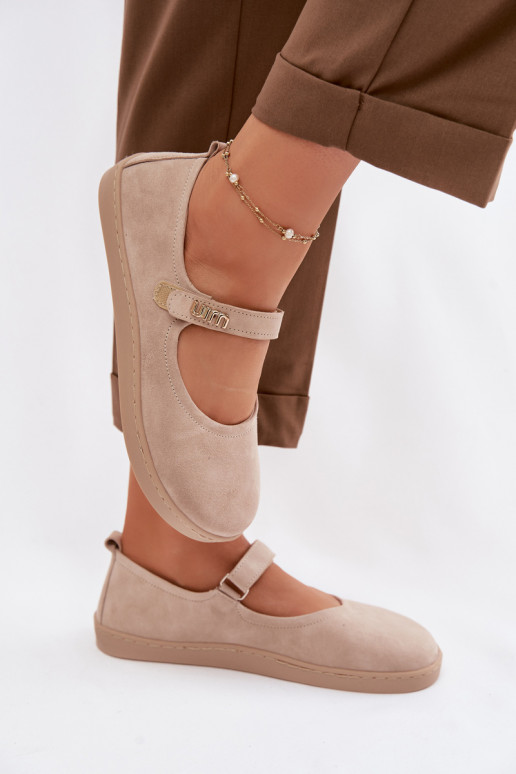 Odinės zomšinės balerinos Barefoot su dirželiais Zazoo 10206 smėlio spalvos