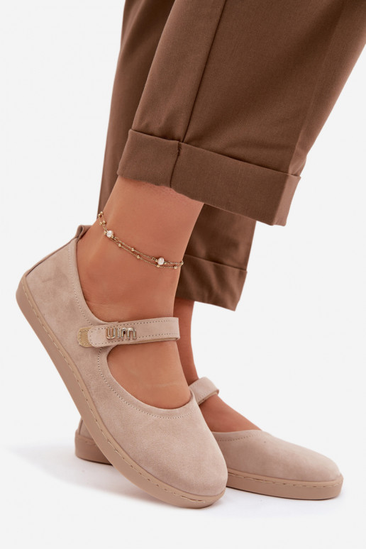 Odinės zomšinės balerinos Barefoot su dirželiais Zazoo 10206 smėlio spalvos