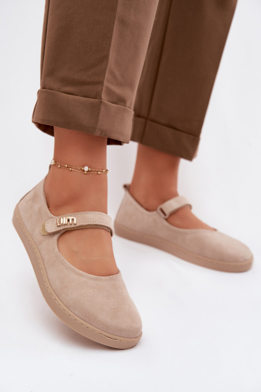 Odinės zomšinės balerinos Barefoot su dirželiais Zazoo 10206 smėlio spalvos