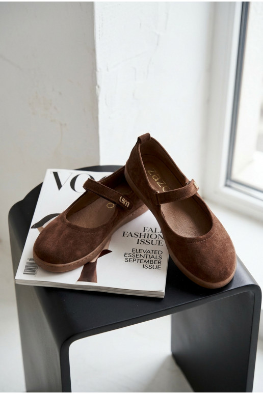 Odinės zomšinės balerinos Barefoot su dirželiais Zazoo 10206 šokolado spalvos