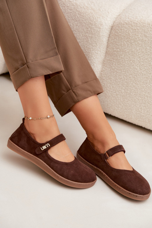 Odinės zomšinės balerinos Barefoot su dirželiais Zazoo 10206 šokolado spalvos