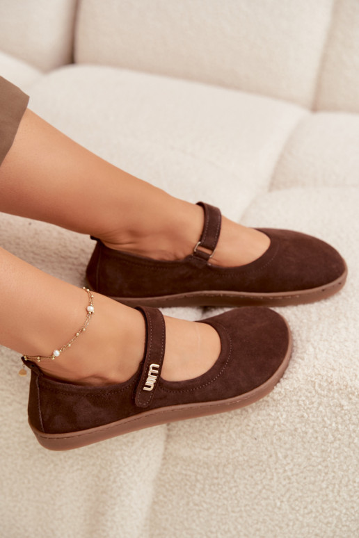 Odinės zomšinės balerinos Barefoot su dirželiais Zazoo 10206 šokolado spalvos