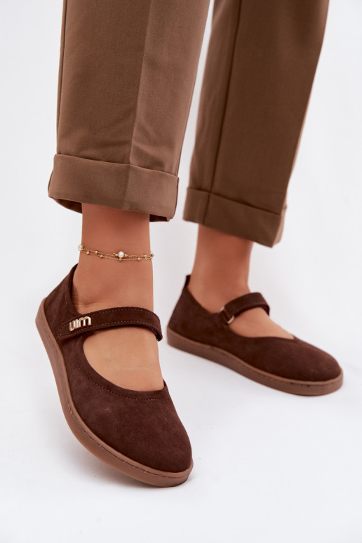 Odinės zomšinės balerinos Barefoot su dirželiais Zazoo 10206 šokolado spalvos