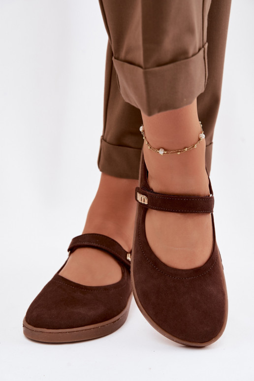 Odinės zomšinės balerinos Barefoot su dirželiais Zazoo 10206 šokolado spalvos