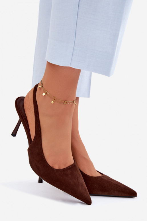 Moteriškos basutės su plonais kulniukais iš dirbtinio zomšo šokolado spalvos Kevina