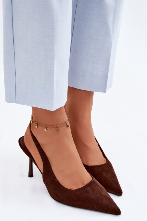 Moteriškos basutės su plonais kulniukais iš dirbtinio zomšo šokolado spalvos Kevina