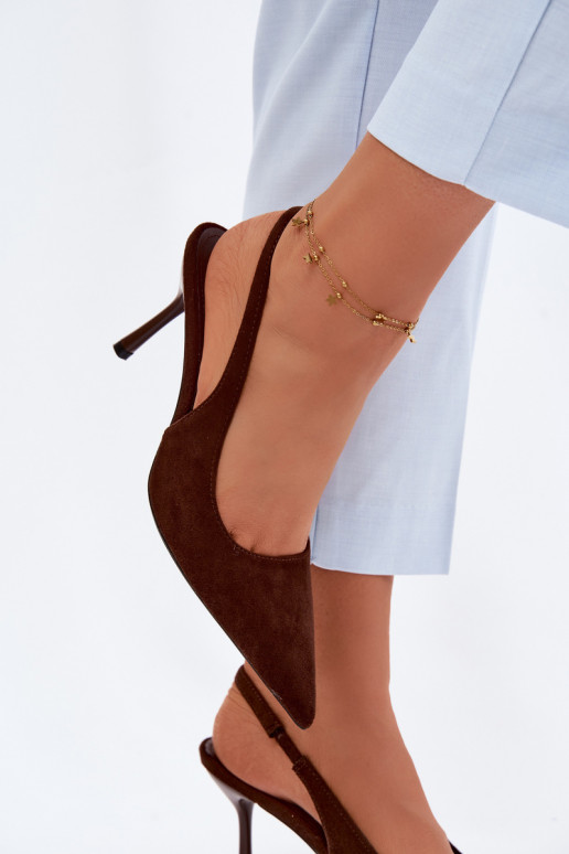 Moteriškos basutės su plonais kulniukais iš dirbtinio zomšo šokolado spalvos Kevina