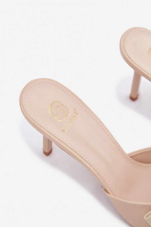 Moteriškos šlepetės su plonais kulniukais ir kaspinais smėlio spalvos Jelessa