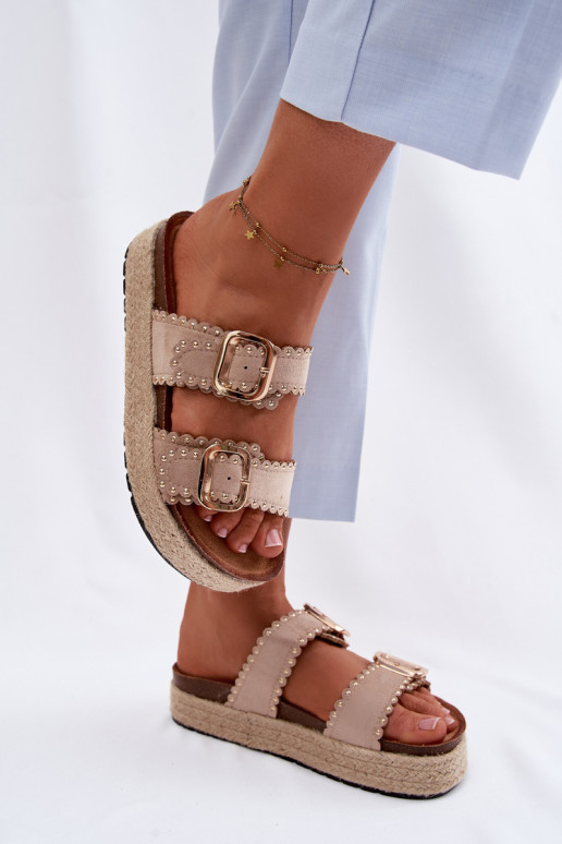 Moteriškos šlepetės su platforma Su Braid aukso spalvos su sagtelėmis I su kniedėmis smėlio spalvos