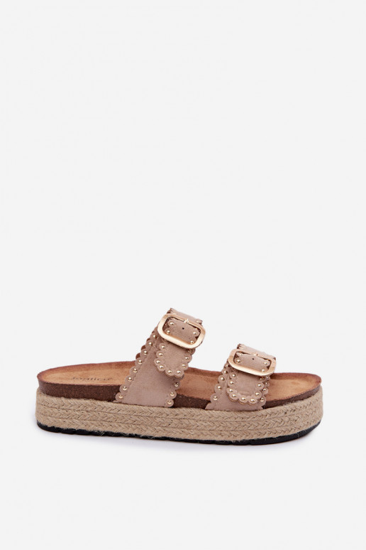 Moteriškos šlepetės su platforma Su Braid aukso spalvos su sagtelėmis I su kniedėmis smėlio spalvos