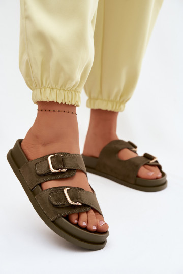 Moteriškos šlepetės Ze aukso spalvosmi su sagtimismi chaki spalvos Pelorin