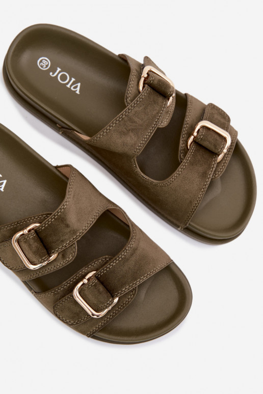 Moteriškos šlepetės Ze aukso spalvosmi su sagtimismi chaki spalvos Pelorin