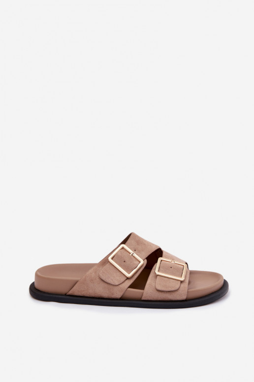 Moteriškos šlepetėssuImitacji iš zomšosu aukso spalvos su sagtelėmis smėlio spalvos Selissea