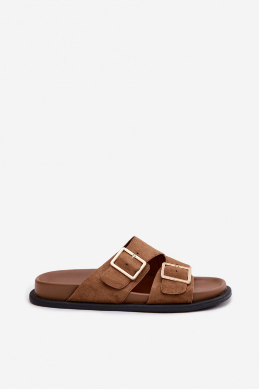 Moteriškos šlepetėssuImitacji iš zomšosu aukso spalvos su sagtelėmis rudos spalvos Selissea