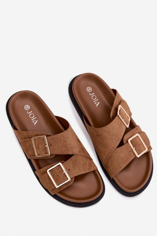 Moteriškos šlepetėssuImitacji iš zomšosu aukso spalvos su sagtelėmis rudos spalvos Selissea