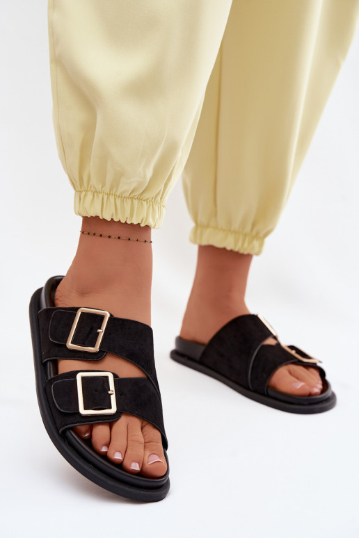 Moteriškos šlepetėssuImitacji iš zomšosu aukso spalvos su sagtelėmis juodos spalvos Selissea