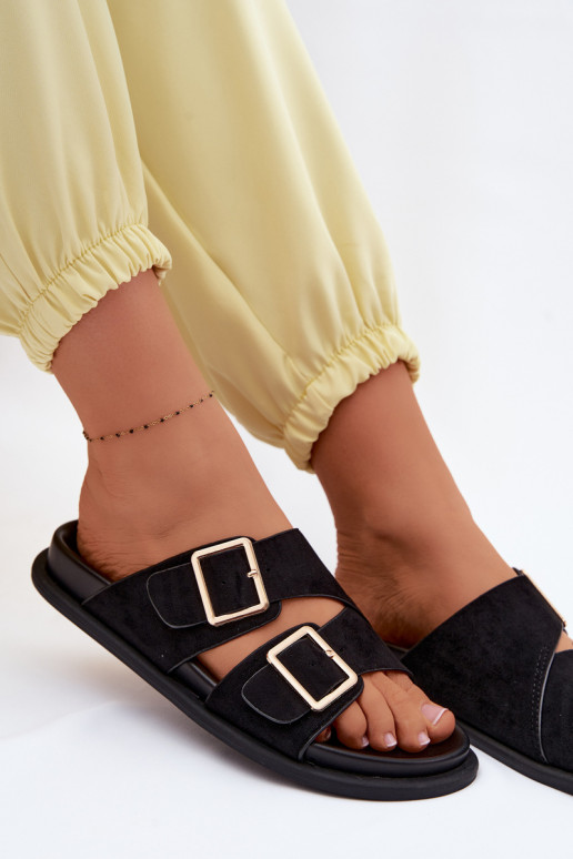 Moteriškos šlepetėssuImitacji iš zomšosu aukso spalvos su sagtelėmis juodos spalvos Selissea