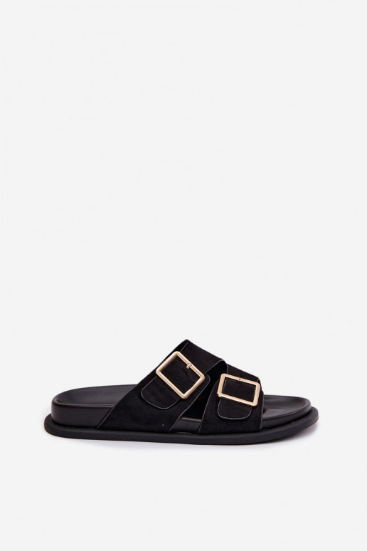 Moteriškos šlepetėssuImitacji iš zomšosu aukso spalvos su sagtelėmis juodos spalvos Selissea