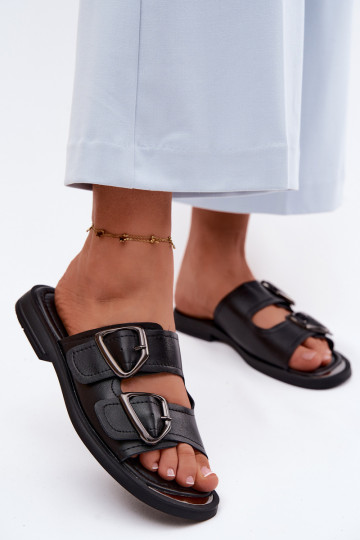 Odinės šlepetės Moteriškas su sagtimis Vinceza 62304 juodos spalvos