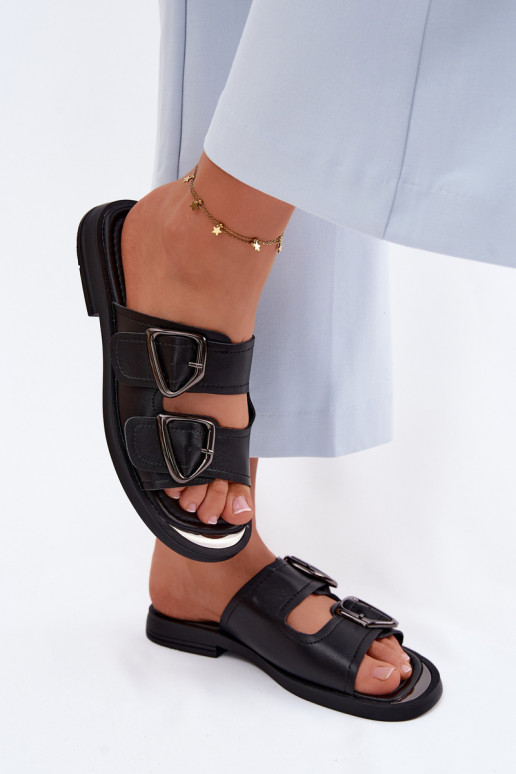 Odinės šlepetės Moteriškas su sagtimis Vinceza 62304 juodos spalvos