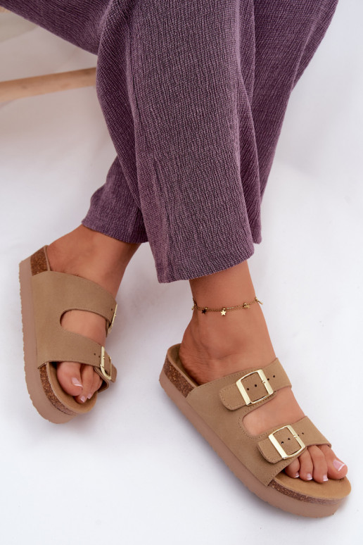 Oda Moteriškos zomšinės šlepetės su platforma su sagtimis Vinceza 102657 smėlio spalvos