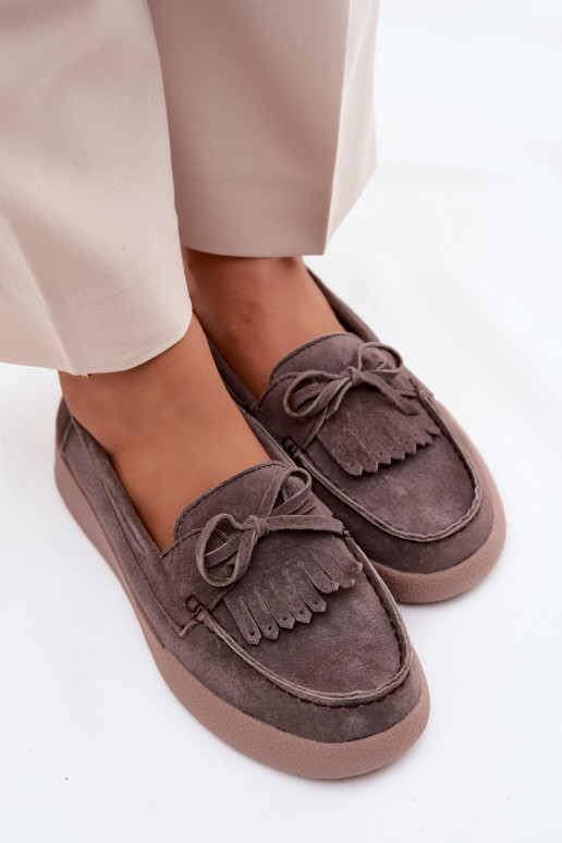 moteriški mokasinaisuĮjungtaturalnego iš zomšosu su kaspinais Ir Fringes Vinceza 93223 rudos spalvos
