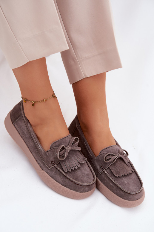 moteriški mokasinaisuĮjungtaturalnego iš zomšosu su kaspinais Ir Fringes Vinceza 93223 rudos spalvos