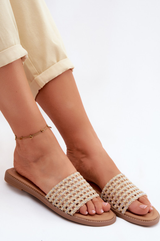 Šlepetės Moteriškas butas su tviskančiomis akutėmis smėlio spalvos Fendi