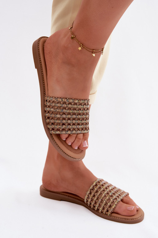 Šlepetės Moteriškas butas su tviskančiomis akutėmis rudos spalvos Fendi