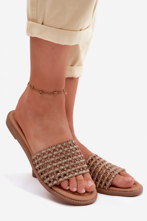 Šlepetės Moteriškas butas su tviskančiomis akutėmis rudos spalvos Fendi