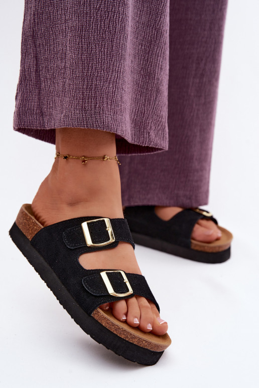 Oda Moteriškos zomšinės šlepetės su platforma su sagtimis Vinceza 102657 juodos spalvos