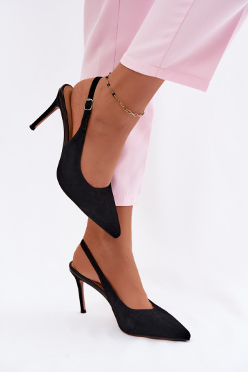 Moteriškos basutės su plonais kulniukaissuĮjungtaturalnego iš zomšosu juodos spalvos Kandy