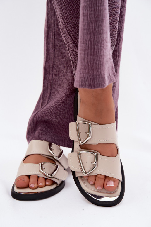 Odinės šlepetės Moteriškas su sagtimis Vinceza 62304 smėlio spalvos