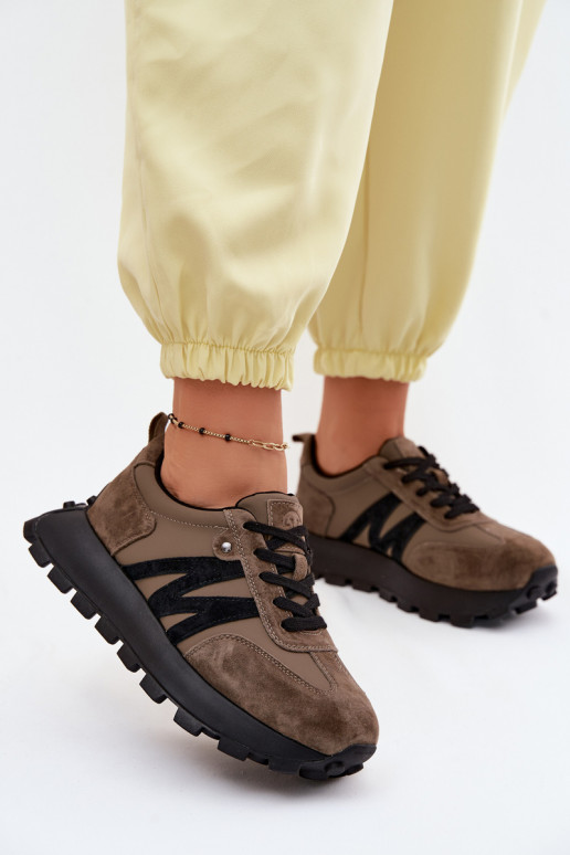 Oda iš zomšos Sneakers modelio batai Moteriškas su platforma Vinceza 41520 chaki spalvos