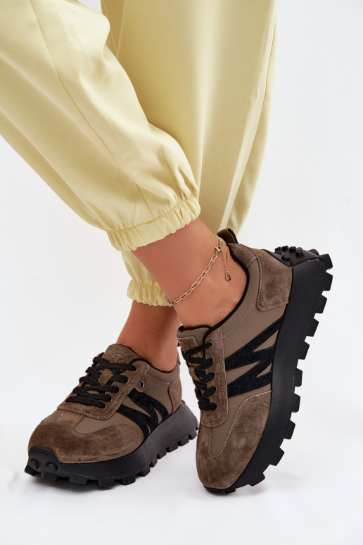 Oda iš zomšos Sneakers modelio batai Moteriškas su platforma Vinceza 41520 chaki spalvos