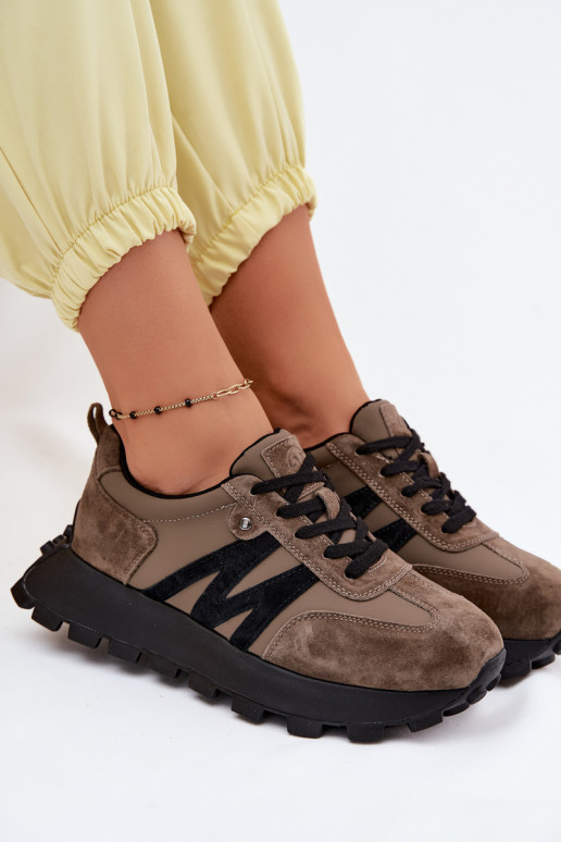 Oda iš zomšos Sneakers modelio batai Moteriškas su platforma Vinceza 41520 chaki spalvos