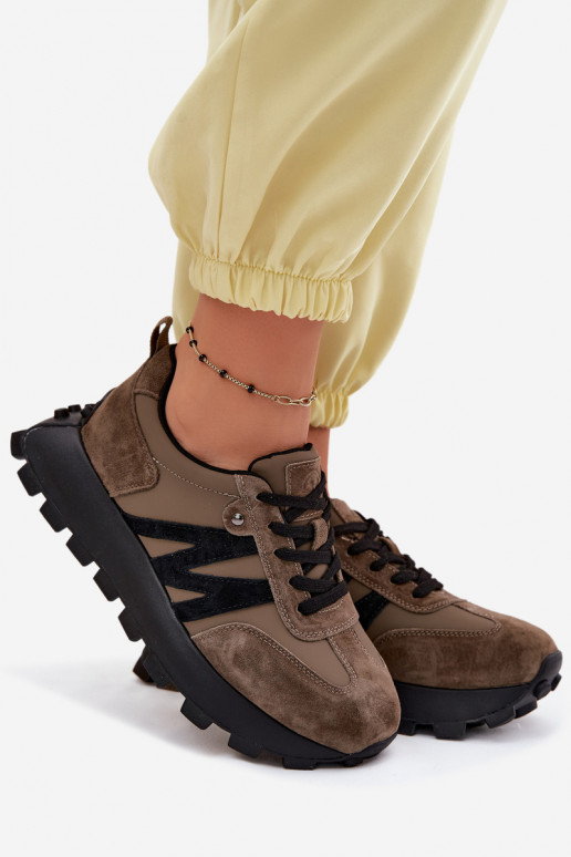 Oda iš zomšos Sneakers modelio batai Moteriškas su platforma Vinceza 41520 chaki spalvos