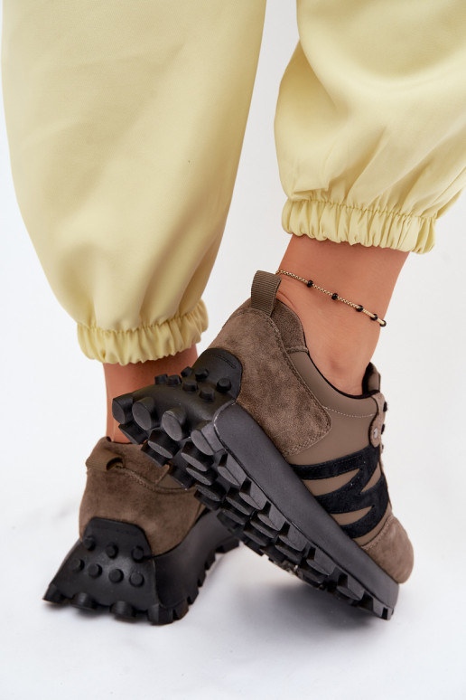 Oda iš zomšos Sneakers modelio batai Moteriškas su platforma Vinceza 41520 chaki spalvos