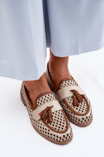 Oda su aužūro elementais batai moteriški mokasinai Tai turiciejka HJ760-14 rudos-smėlio spalvos